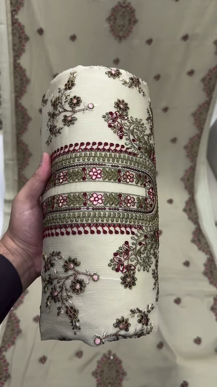 ইন্ডিয়ান শিফন জর্জেট ৪ পিস সেট - Unstitched - Cream